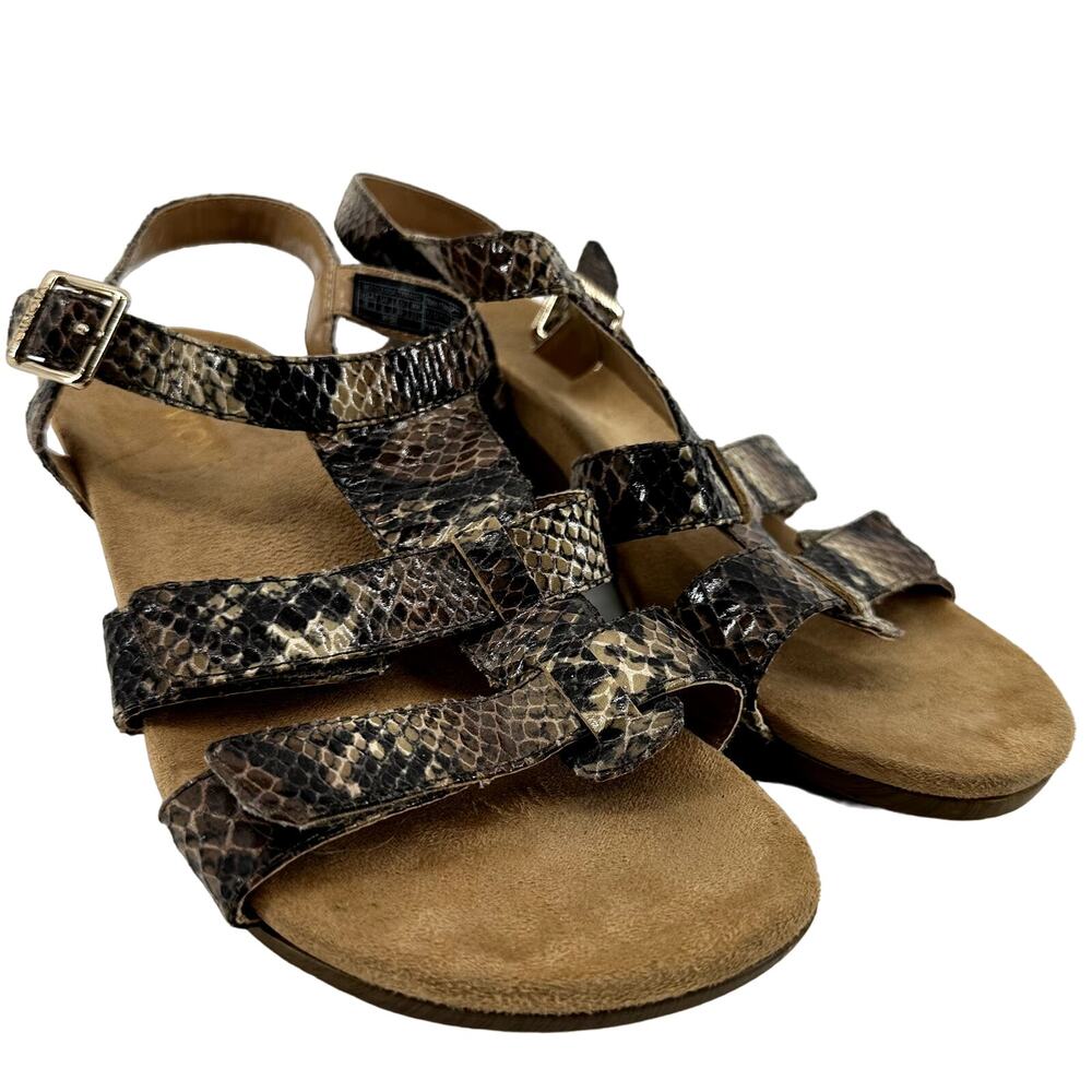 Vionic Glenda Orthaheel Sandals Snakeskin Strappy Wedge Leather Brown Black US 8